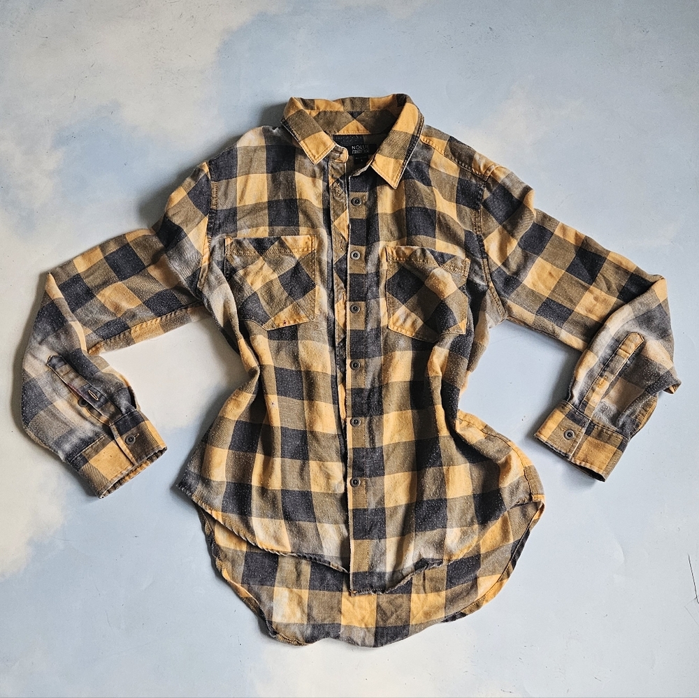Plaid Yellow and Black Flannel Distressed Top Distressed Button Down Yellow Top